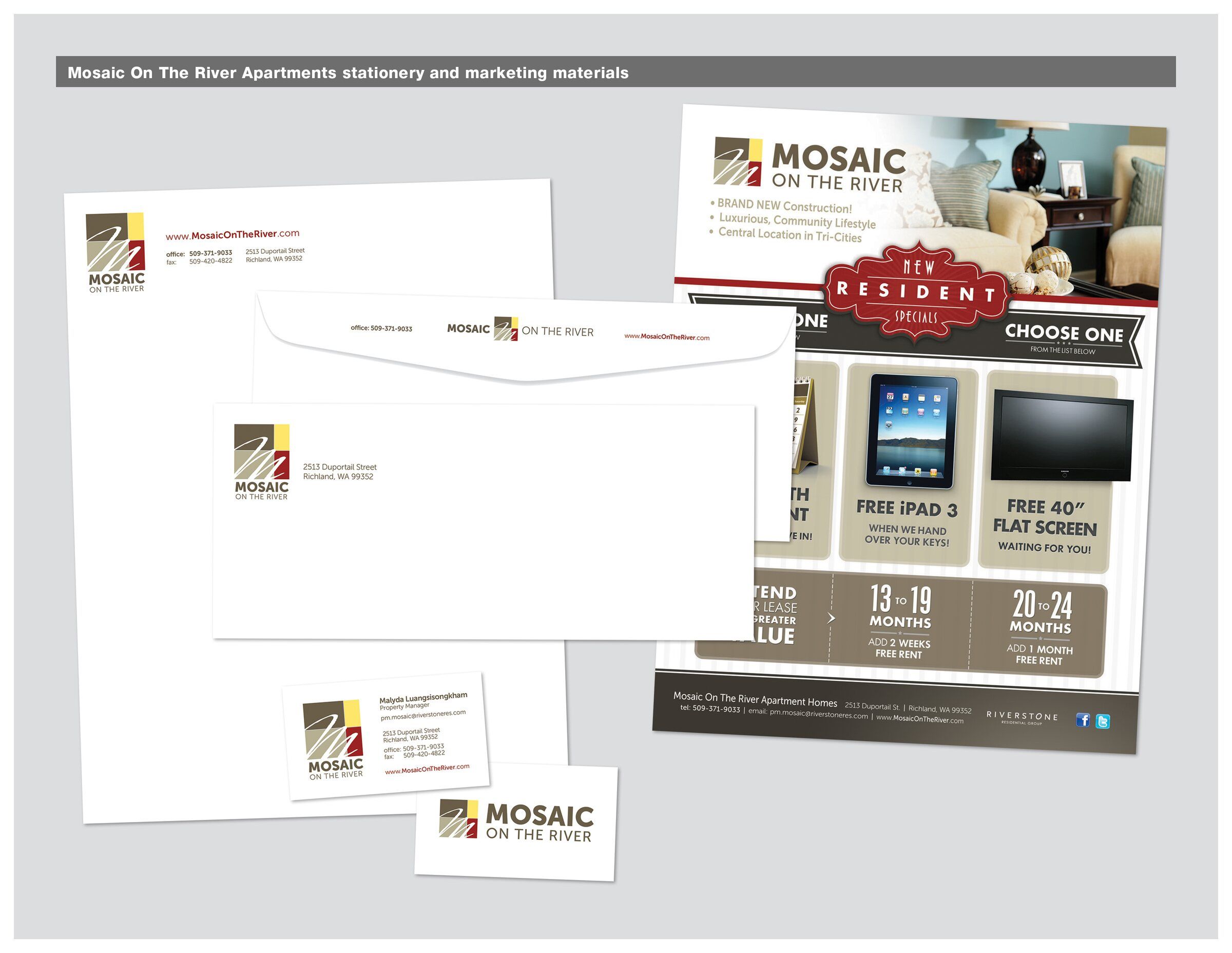 Mosaic on the River Apartments stationery and marketing materials