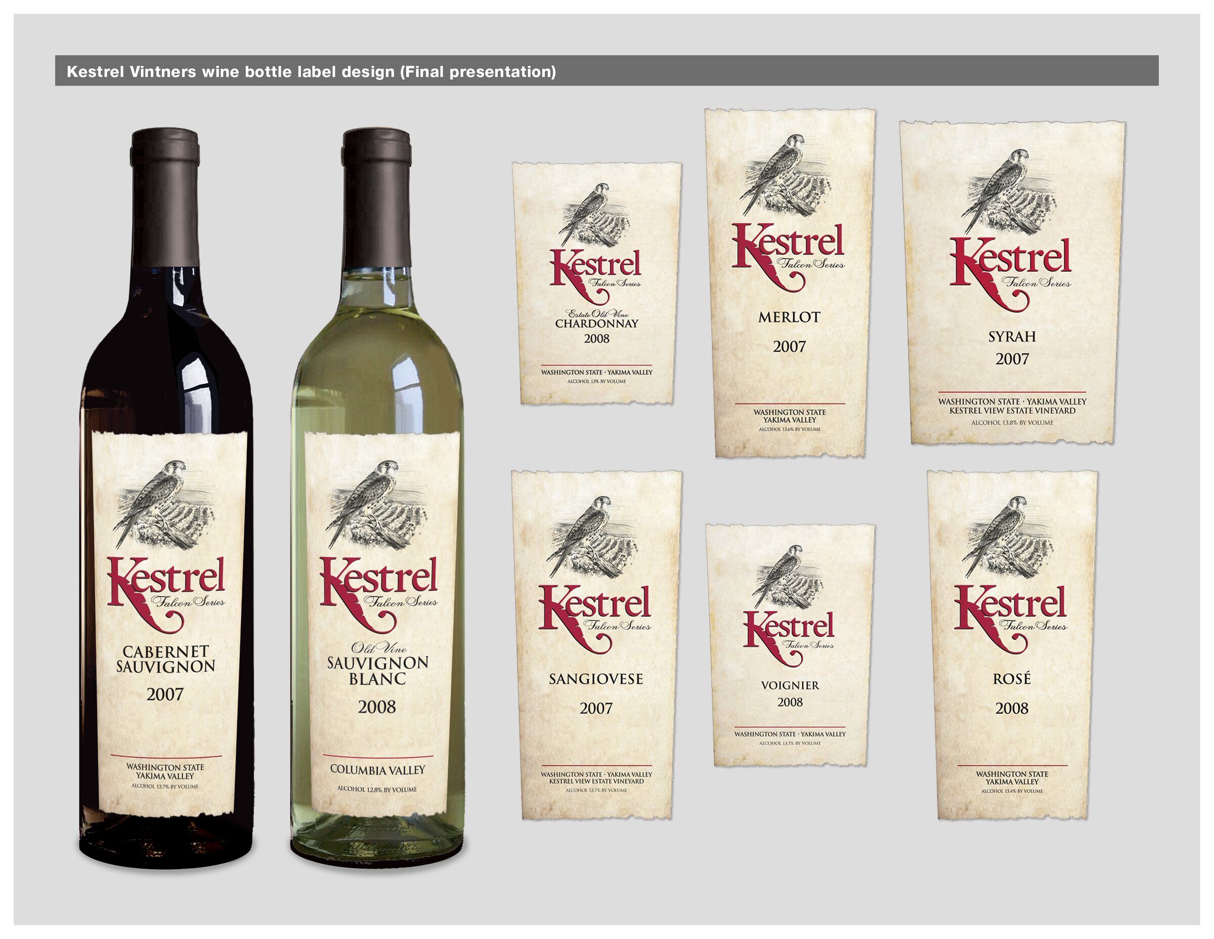Kestrel Vintners wine bottle label design (final presentation)