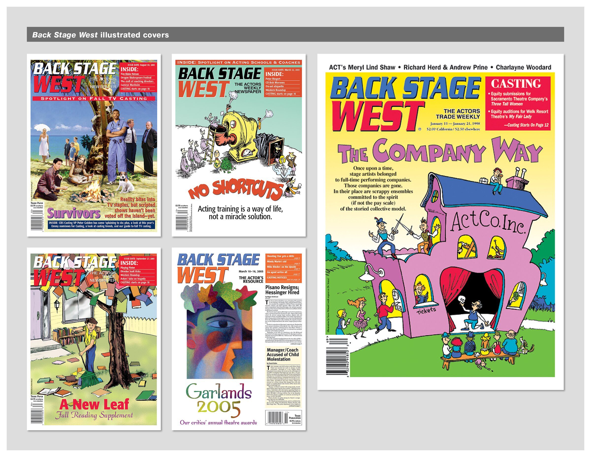 Back Stage West illustrated covers, including “The Company Way” and “A New Leaf”