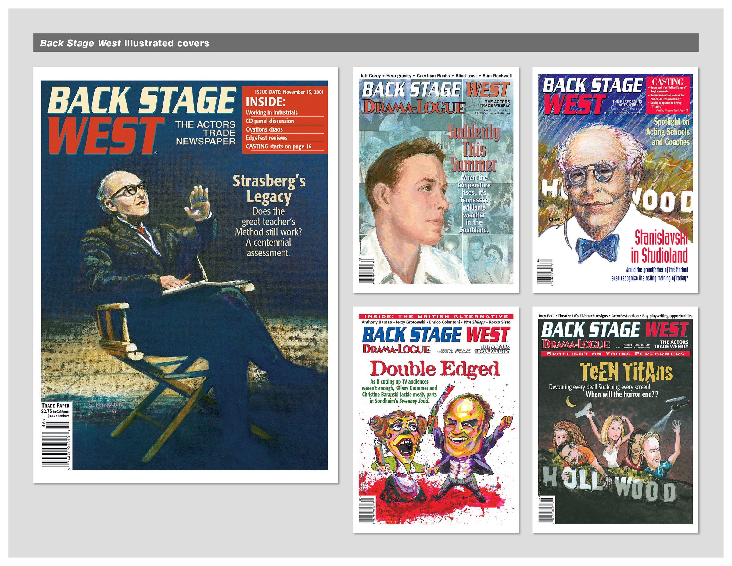Back Stage West illustrated covers, including “Strasberg’s Legacy” and “Double Edged”