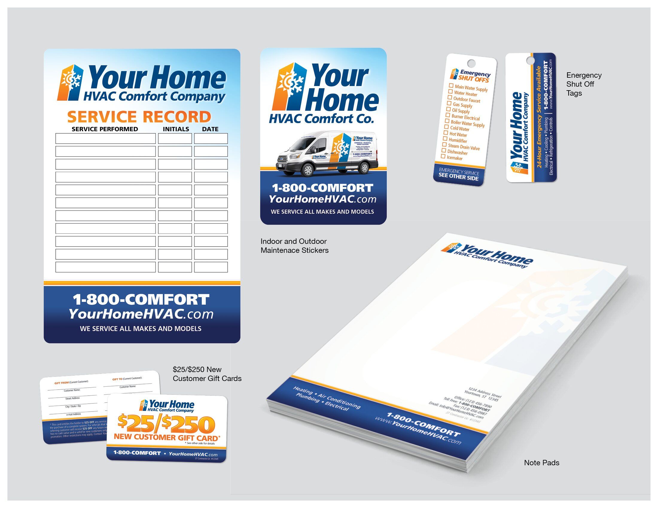 Service record, maintenance stickers, emergency shut-off tags, gift cards and note pads
