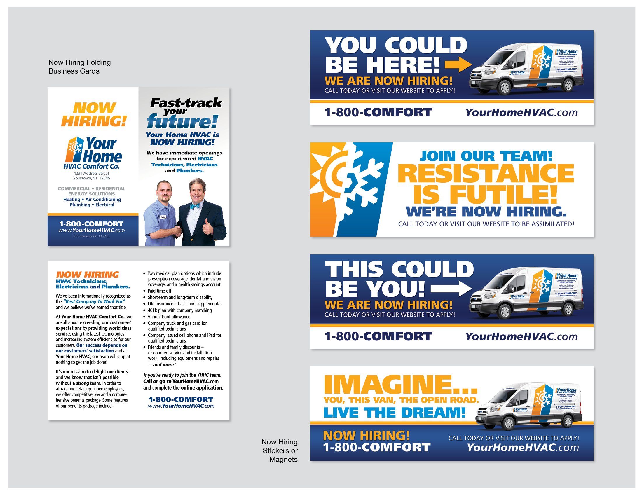 Now-hiring folding business cards, stickers and magnets